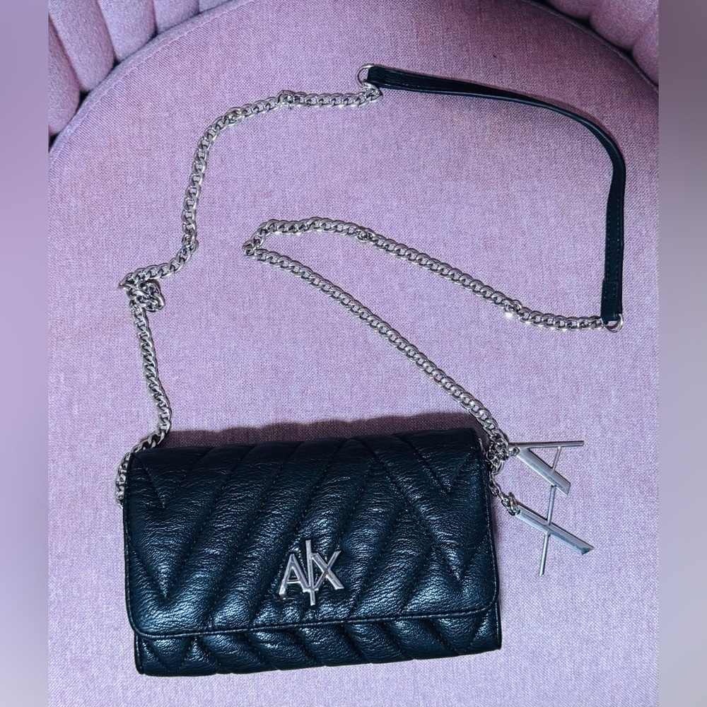 Armani Exchange Quilted Black Crossbody Bag with Silver Chain